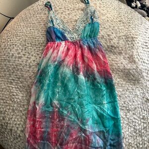 Fashion Nova Teal, Pink & Turquoise Tie-Dye Lace Trim Sundress